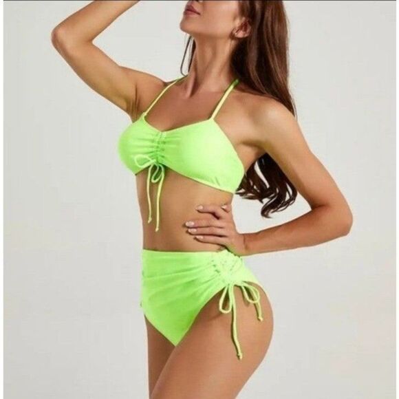 Florescent green drawstring bikini sz Medium - Picture 6 of 6